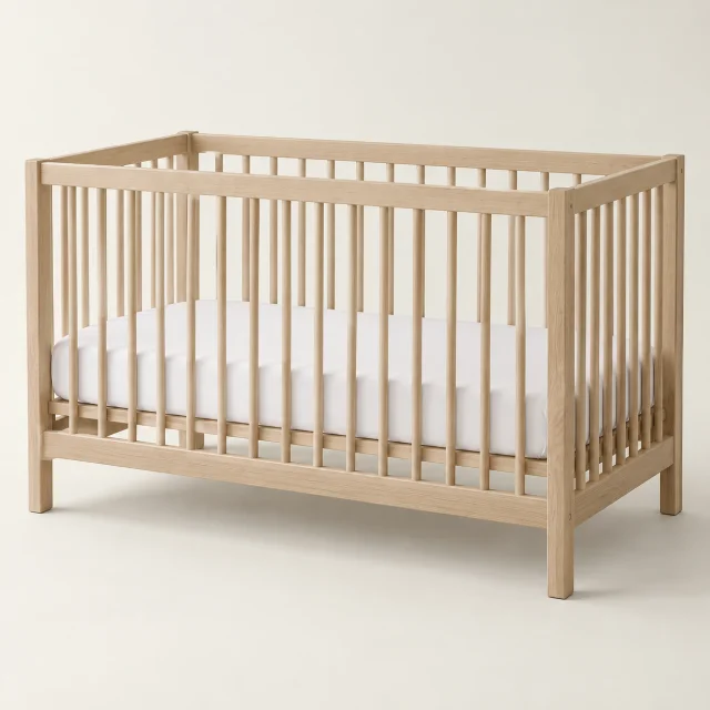 Illustrative rectangular natural-wood crib with white mattress