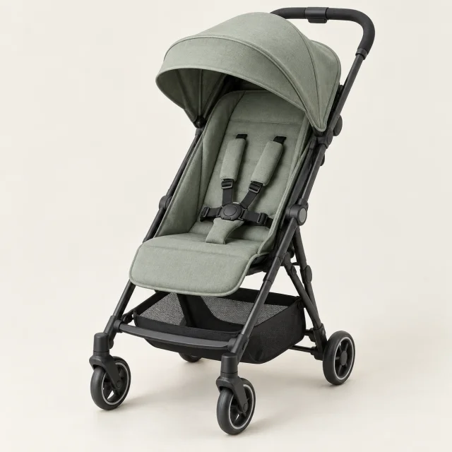 Illustrative compact sage-green travel stroller