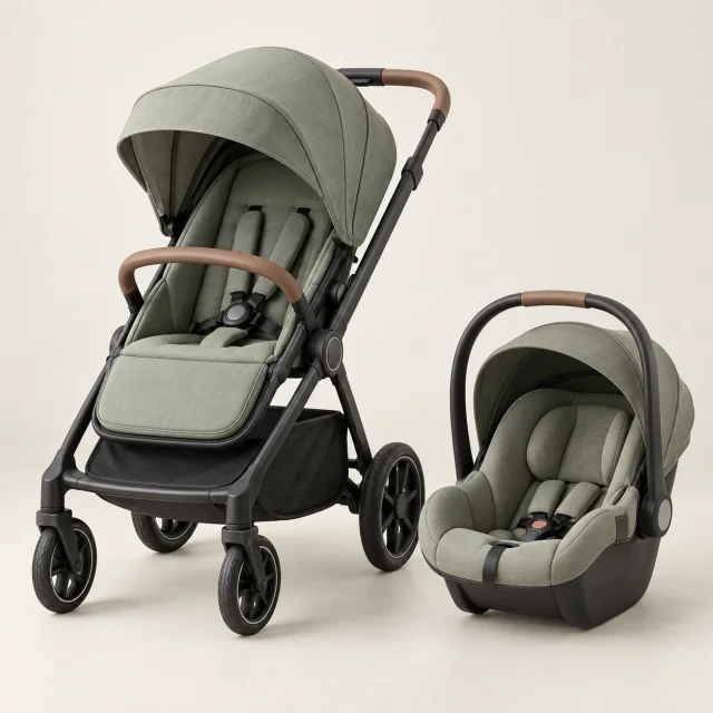 Illustrative sage-green stroller and infant car seat travel system